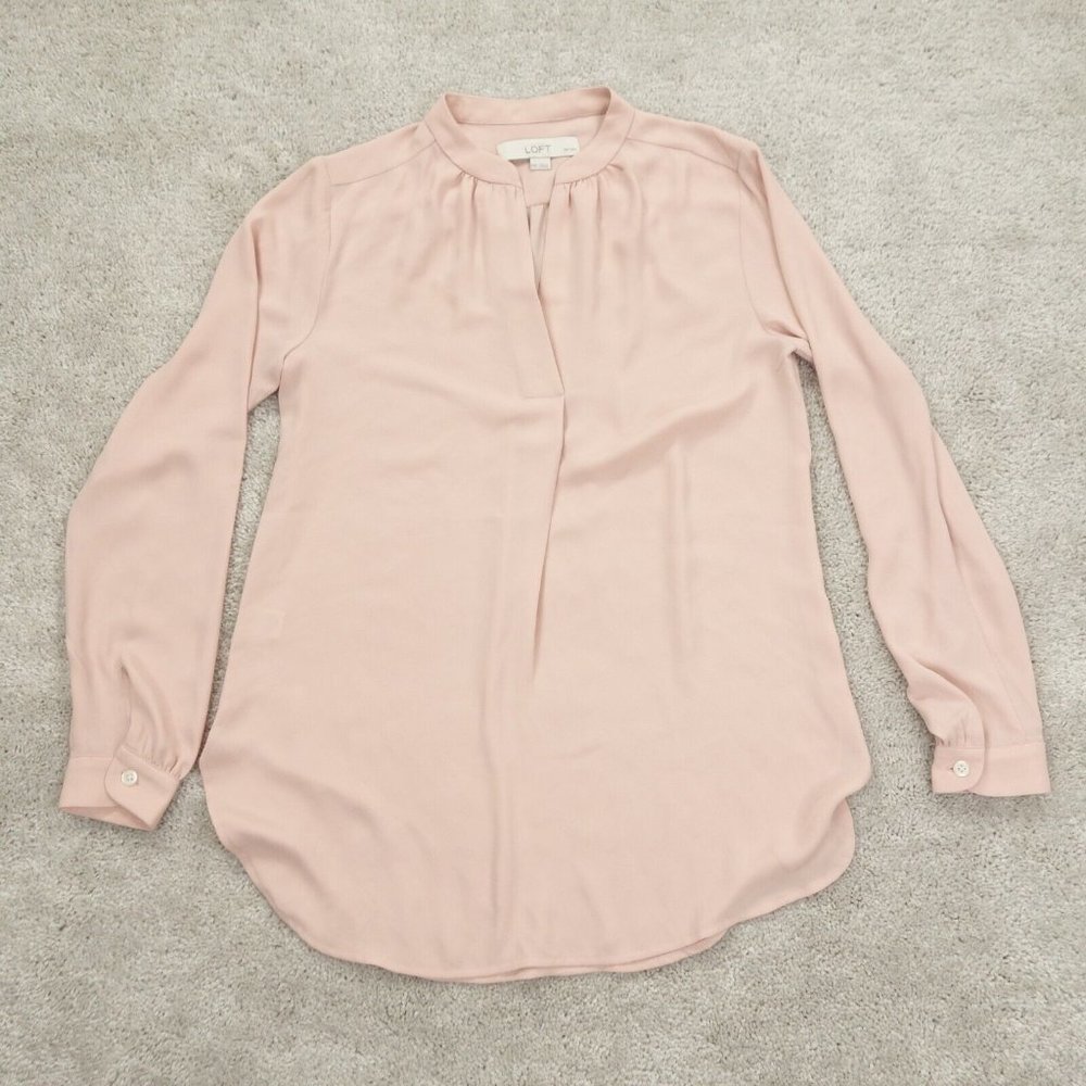 LOFT Petites Top Womens XXSP Pink Long Sleeve V-Neck Pleated Chiffon Boho